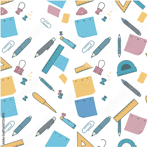 A charming seamless pattern of hand-drawn school and office supplies. Doodle-style stationery illustration for back to school or business concepts.