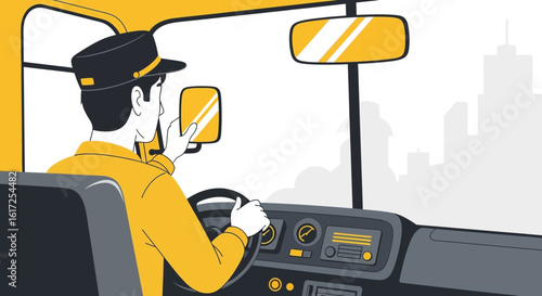 Professional Driver Navigating City Streets Careful Monitoring Traffic Safety