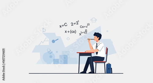 Thoughtful Student Solving Complex Math Problems At His School Desk