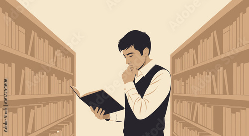 Thoughtful Young Man Reading a Book in the Library with Antique Wooden Bookshelves
