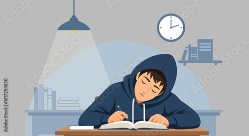Tired Student Studying Late At Night With Dimmed Lamp Cartoon Vector