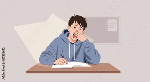 Tired student yawning while studying at his desk with a hoodie on illustration