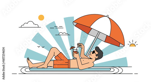 Relaxing Day At The Beach With Refreshing Drink Under Umbrella Illustration