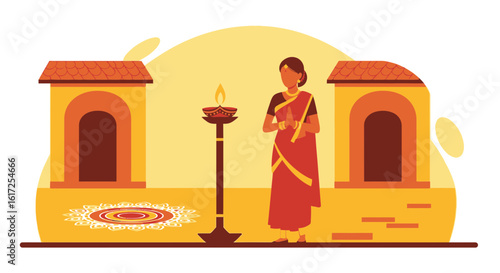 Traditional Village Atmosphere With Woman Offering Prayers And Oil Lamp