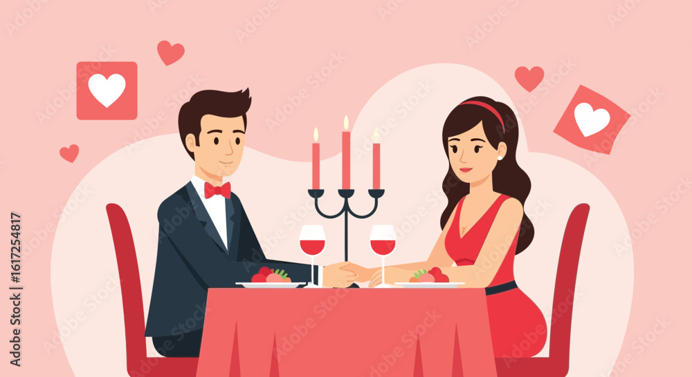 Obraz premium Romantic Dinner Illustration For Valentine's Day Celebration With Couple In Love