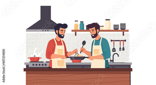 Two cheerful men cooking together in a cozy kitchen, sharing a fun experience