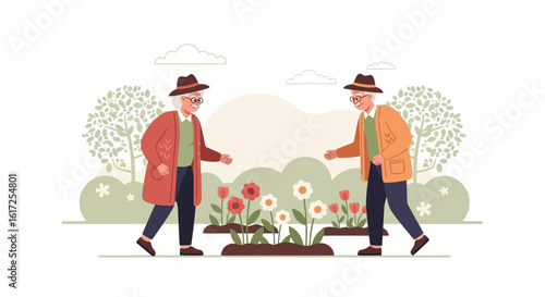 Two elegant senior men walking in the park enjoying spring flowers illustration