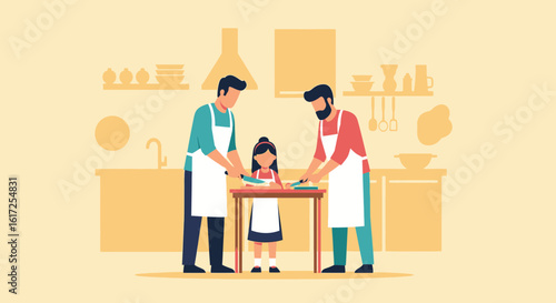 Two Fathers Are Cooking With Their Daughter Together At Home Illustration