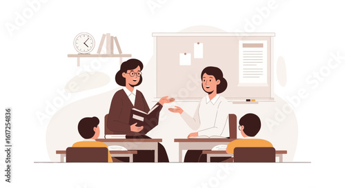 Two Female Teachers Talking in Class with Pupils Learn Lessons Cartoon