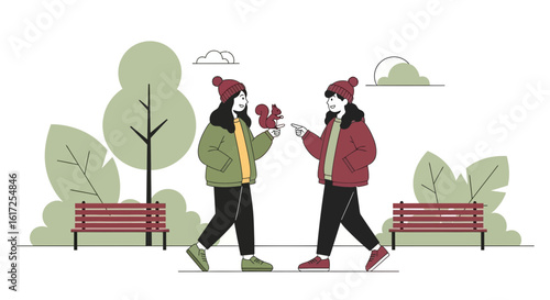 Two Friends Discovering A Little Squirrel In The Autumn Park Scene