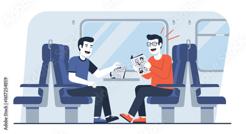 Two friends sharing memories by looking at old photos on a train journey together
