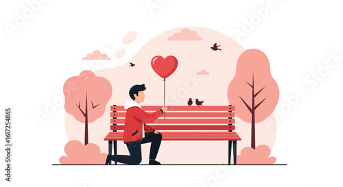 Romantic Illustration Of a Man Proposing On a Park Bench With a Heart Balloon