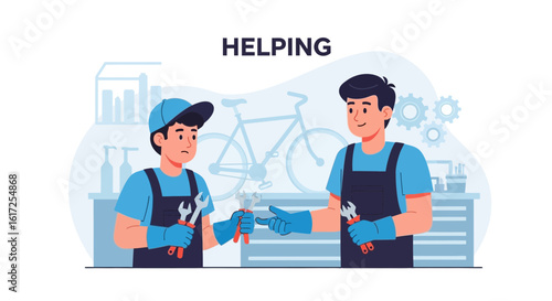 Two mechanics working together to repair a bicycle in a repair shop friendly cooperation for vehicle maintenance