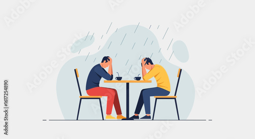Two People Depressed in a Rainy Environment Facing Challenges and Setbacks Together in the Business World