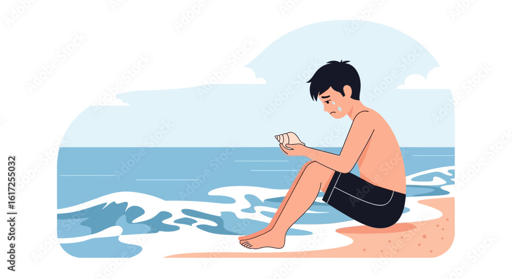 Fototapeta premium Sad Boy Sitting On The Beach While Looking At A Seashell In His Hands