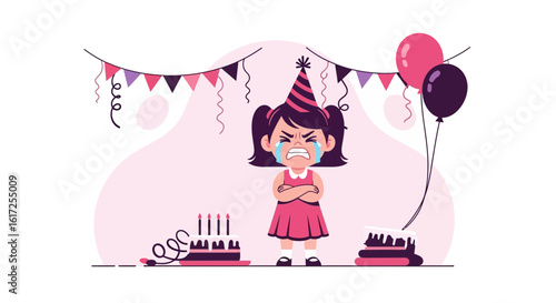 Unhappy Birthday Little Girl Crying After Spoiled Celebration With Cake