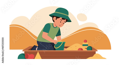 Sad Boy Playing Alone In A Sandbox With Toys On A Sunny Day