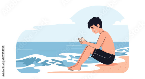 Sad Boy Sitting On The Beach While Looking At A Seashell In His Hands