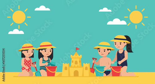 Unhappy Children Building Sandcastle on Sunny Beach With Melancholy Expression