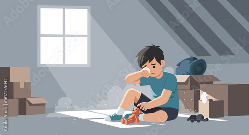 Sad Boy Sitting Among Cardboard Boxes Feeling Upset After The Moving Day