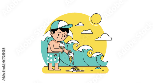 Sad Boy With Melting Ice Cream On The Beach During Summer Vacation Time