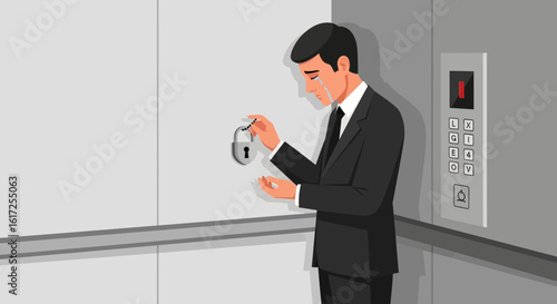 Sad Businessman Looking At A Padlock In An Elevator With Elevator Buttons