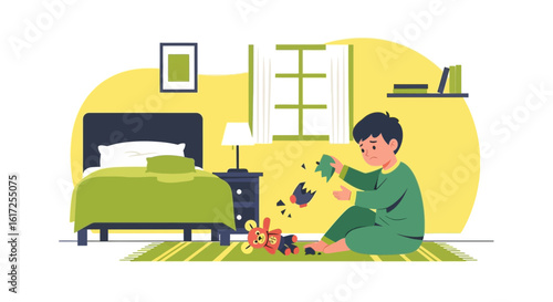 Upset Boy With Broken Toy Sitting In His Bedroom On The Floor