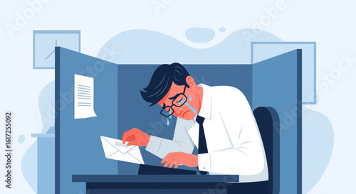 Sad Businessman Receiving Termination Letter In The Office Cubicle In Tears