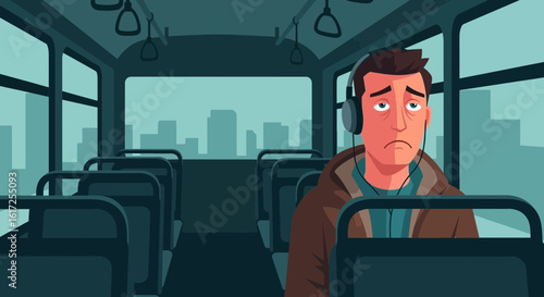 Sad Commuter Listening Music In Public Transport Through Cityscapes Window