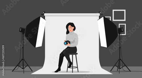Sad Female Photographer With Camera In Professional Studio Setup Illustration