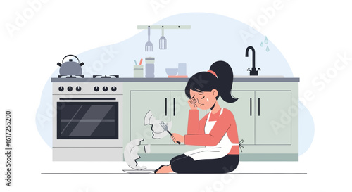 Sad Woman In Kitchen With Broken Plate And Disappointment After Cooking