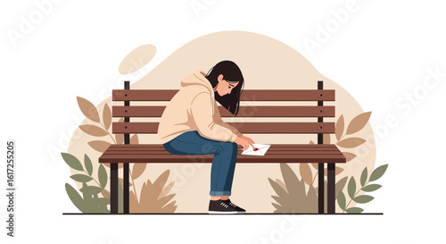 Sad woman sitting on a bench reading a letter full of emotions and heartbreaks in solitude with a sense of loneliness and vulnerability