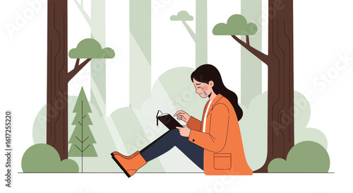 Sad Woman Sitting Among Trees Reads Book Outdoors in Forest Illustration