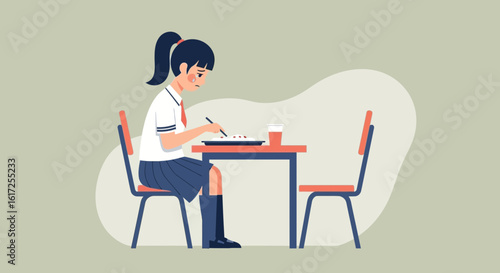 Sad young student girl in school uniform eats alone at the table with food and drink in restaurant or home with melancholy expression