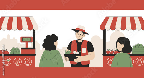 Vendor At Local Market Selling Fresh Produce And Groceries To Customers