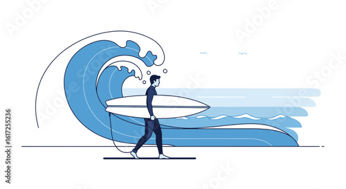 Vector illustration of a surfer walking on the beach with a surfboard and a big wave behind him minimalist aesthetic