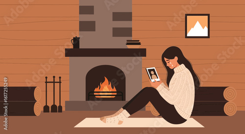 Sad young woman looking at a photo on her phone while sitting near fireplace