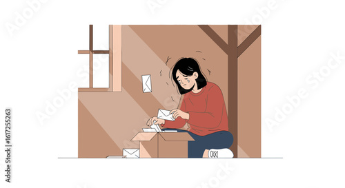 Sad Young Woman Sifting Through Old Letters And Remembering Past Relationship