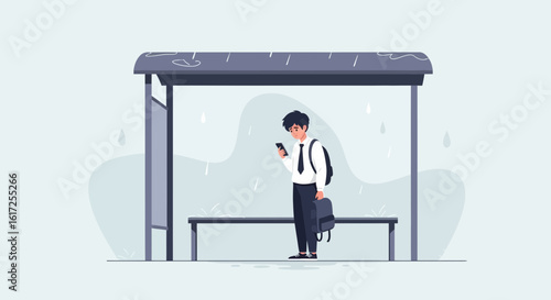 Sad young man checking his phone while waiting at bus stop during a rainy day illustrating urban loneliness and modern disconnection