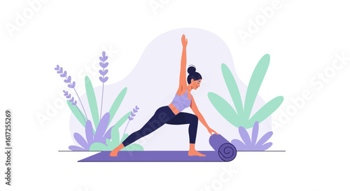 Vector illustration showing a woman rolling up her yoga mat in a park setting