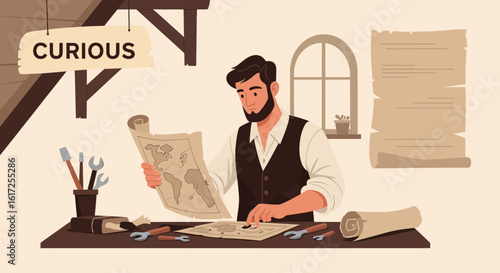 Vintage Navigator Charting Seas With Antique Tools In Workshop Illustration