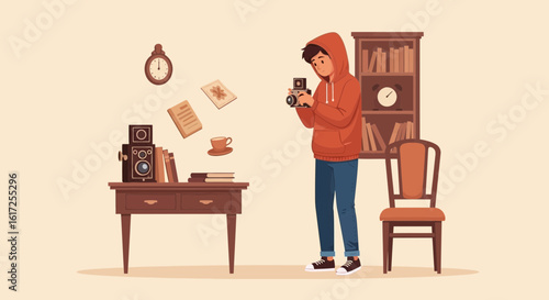 Vintage Photography Hobbyist Capturing Still Life Composition in Home Interior