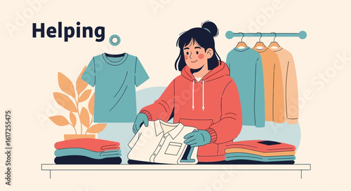 Volunteer Woman Organizing Clothes For Donation Benefiting Her Community