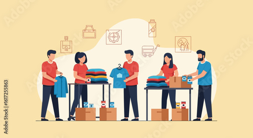 Volunteers sorting and packing donations, illustrating community support and charitable giving effort