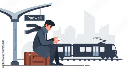 Waiting at the Train Station: A Man's Quiet Moment of Reflection and Anticipation