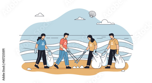 Volunteers Participating In Beach Cleanup To Maintain Coastal Ecosystem Harmony