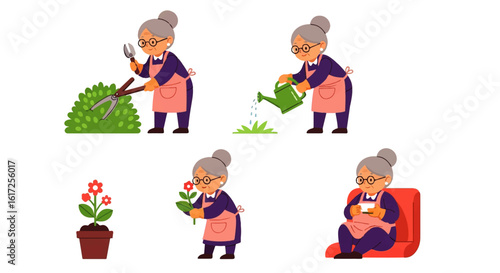 Smiling Elderly Woman Gardening and Relaxing Activities Flat Cartoon Illustration Set