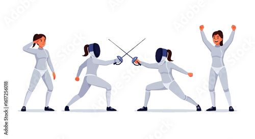 Female Fencers in Action:  Dynamic Poses, White Fencing Suits, and Foil Swords