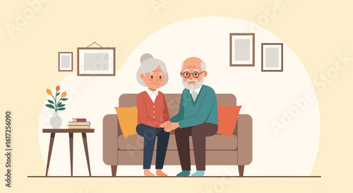 Senior Couple Sitting On The Sofa Holding Hands In The Living Room