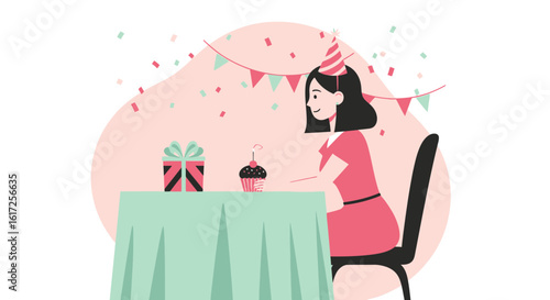 Woman Celebrating A Birthday Alone With A Cupcake And A Wrapped Gift